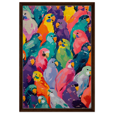 "Vibrant Flock" – A Burst of Color and Life | Wall art Print - 50x75 cm / 20x30″ - Framed Canvas - Dark wood frame