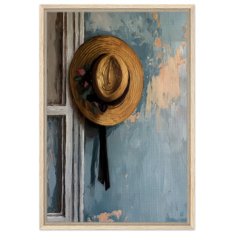 Vintage Charm: The Golden Straw Hat | Realism | wall art print - Framed Canvas - 50x75 cm / 20x30″ - Wood frame