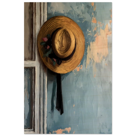 Vintage Charm: The Golden Straw Hat | Realism | wall art print - Wood Prints - 30x45 cm / 12x18″ - 