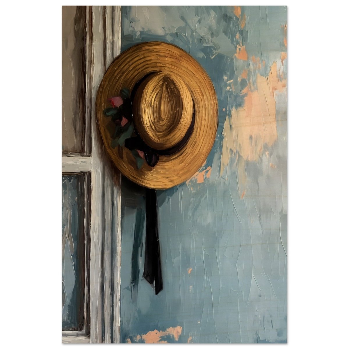 Vintage Charm: The Golden Straw Hat | Realism | wall art print - Wood Prints - 40x60 cm / 16x24″ - 