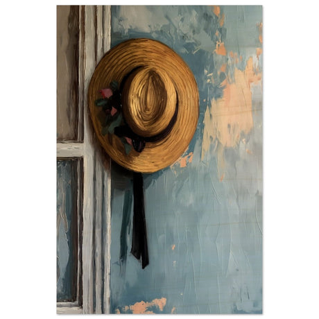 Vintage Charm: The Golden Straw Hat | Realism | wall art print - Wood Prints - 50x75 cm / 20x30″ - 