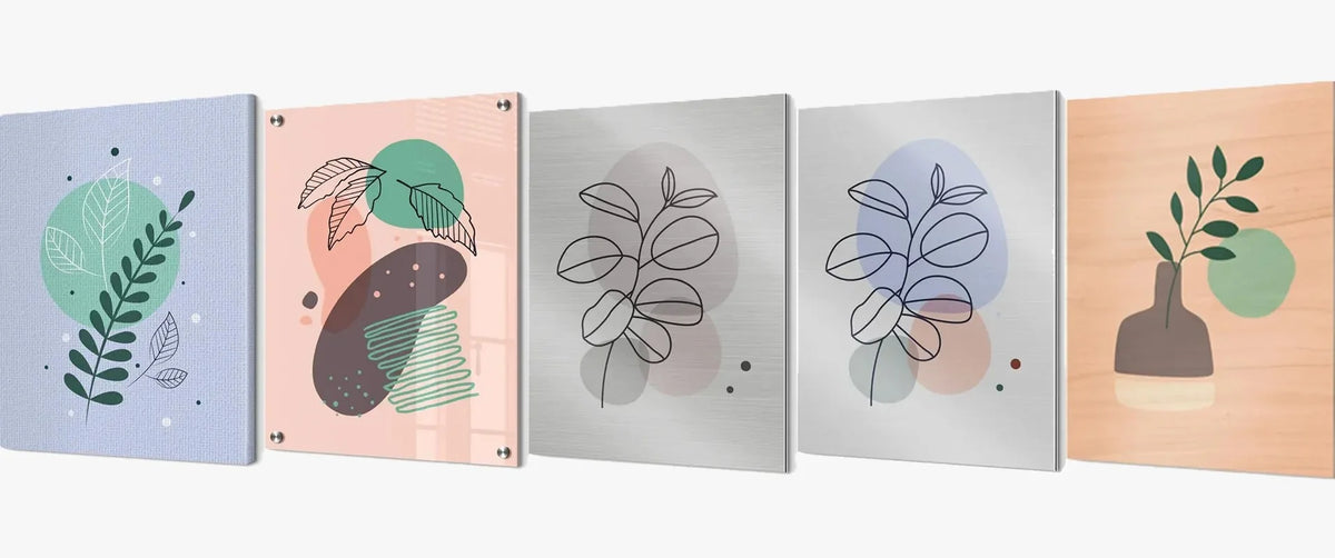 Set of five decorative panels with abstract plant designs on a white background