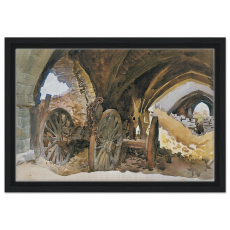 "Wheels in Vault" by John Singer Sargent – Industrial Impressionist Wall Art Print - Framed Canvas - 30x45 cm / 12x18″ - Black frame