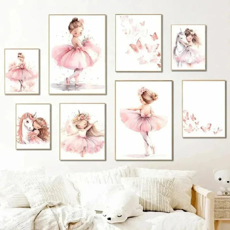 Whimsical Dreams – Pink Wall Art Canvas wall art Ballerina Girl Unicorn Butterfly Kids Room Decor Nursery Poster Pictures Wall Decor - 30x40cm No Frame - Golden Blooms - 