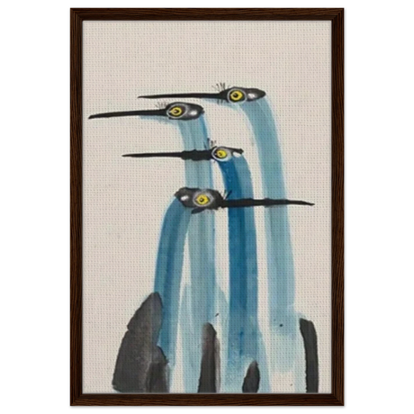 Whimsical Flight – Abstract Watercolor Herons | Wall art Print - Framed Canvas - 50x75 cm / 20x30″ - Dark wood frame