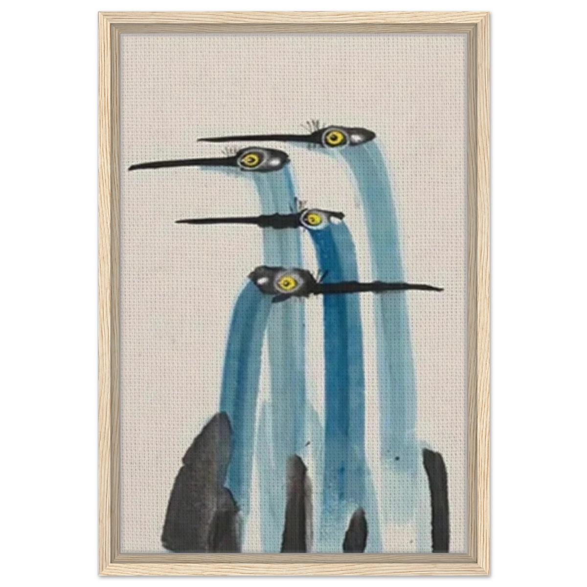 Whimsical Flight – Abstract Watercolor Herons | Wall art Print - Framed Canvas - 40x60 cm / 16x24″ - Wood frame