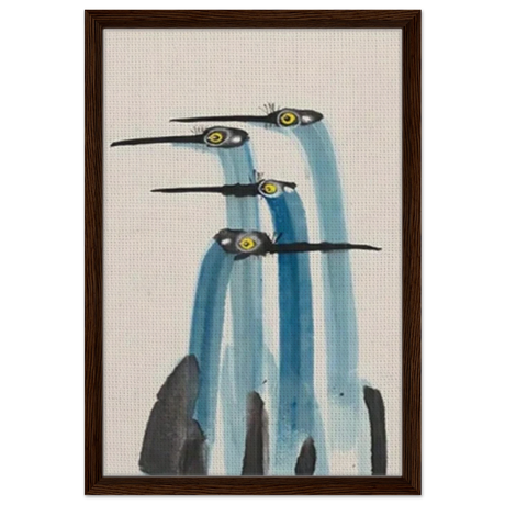 Whimsical Flight – Abstract Watercolor Herons | Wall art Print - Framed Canvas - 40x60 cm / 16x24″ - Dark wood frame