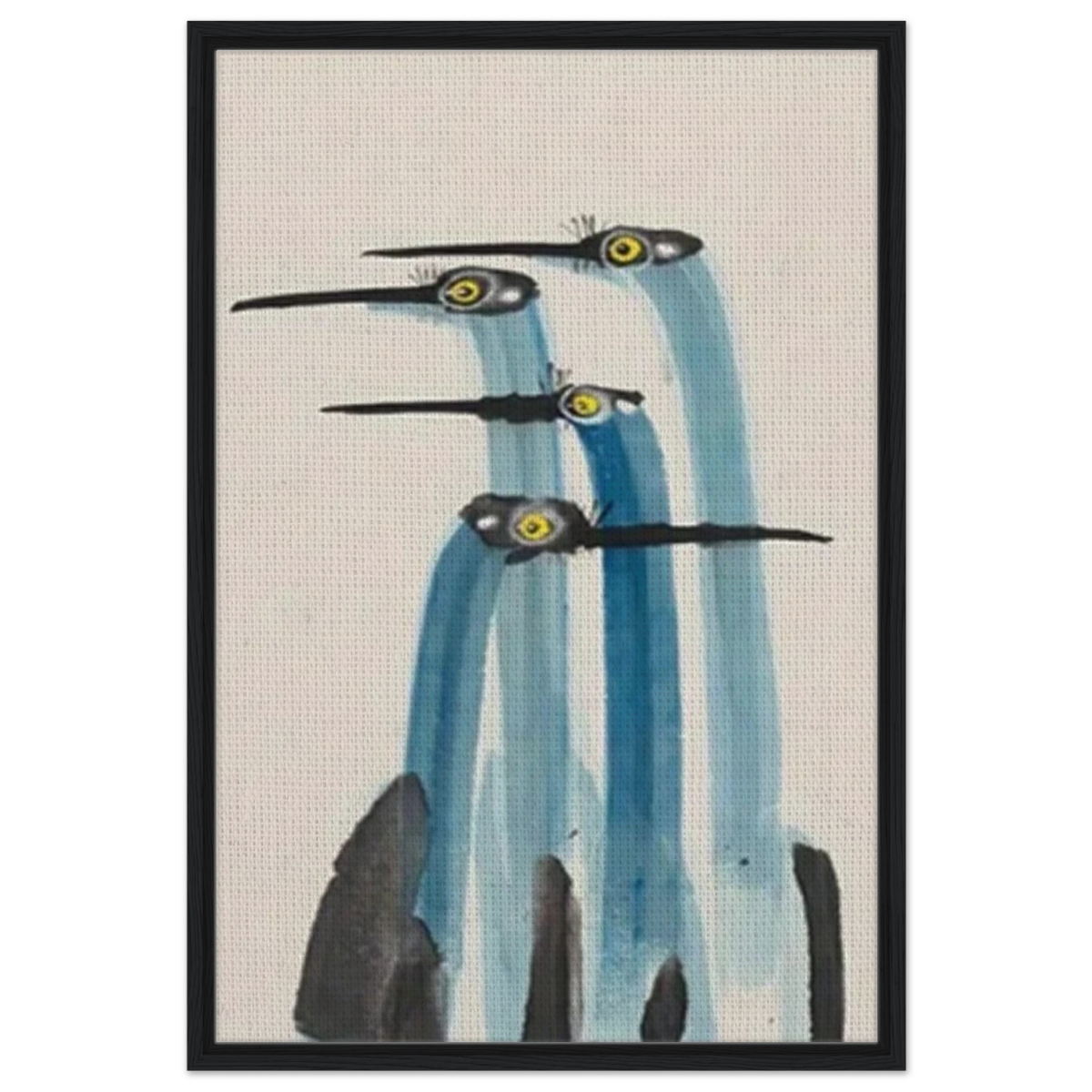 Whimsical Flight – Abstract Watercolor Herons | Wall art Print - Framed Canvas - 60x90 cm / 24x36″ - Black frame