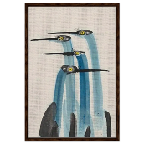 Whimsical Flight – Abstract Watercolor Herons | Wall art Print - Framed Canvas - 60x90 cm / 24x36″ - Dark wood frame
