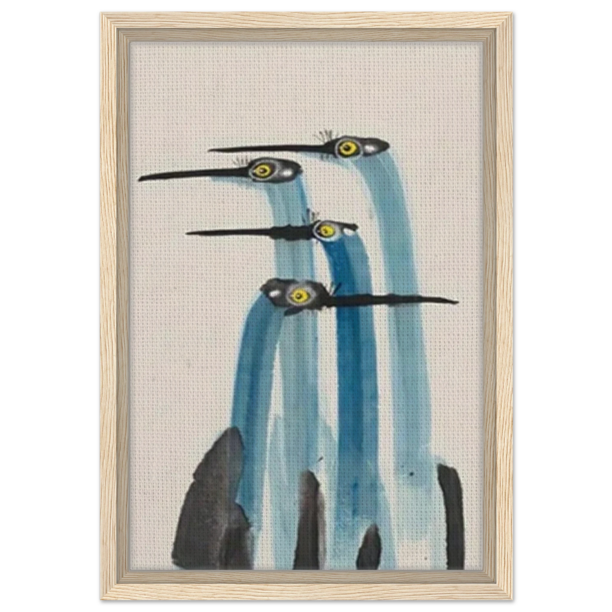 Whimsical Flight – Abstract Watercolor Herons | Wall art Print - Framed Canvas - 30x45 cm / 12x18″ - Wood frame