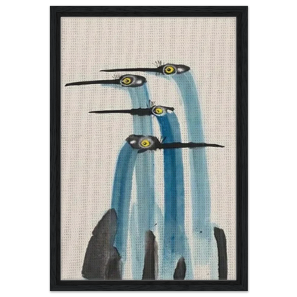 Whimsical Flight – Abstract Watercolor Herons | Wall art Print - Framed Canvas - 40x60 cm / 16x24″ - Black frame
