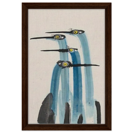 Whimsical Flight – Abstract Watercolor Herons | Wall art Print - Framed Canvas - 30x45 cm / 12x18″ - Dark wood frame