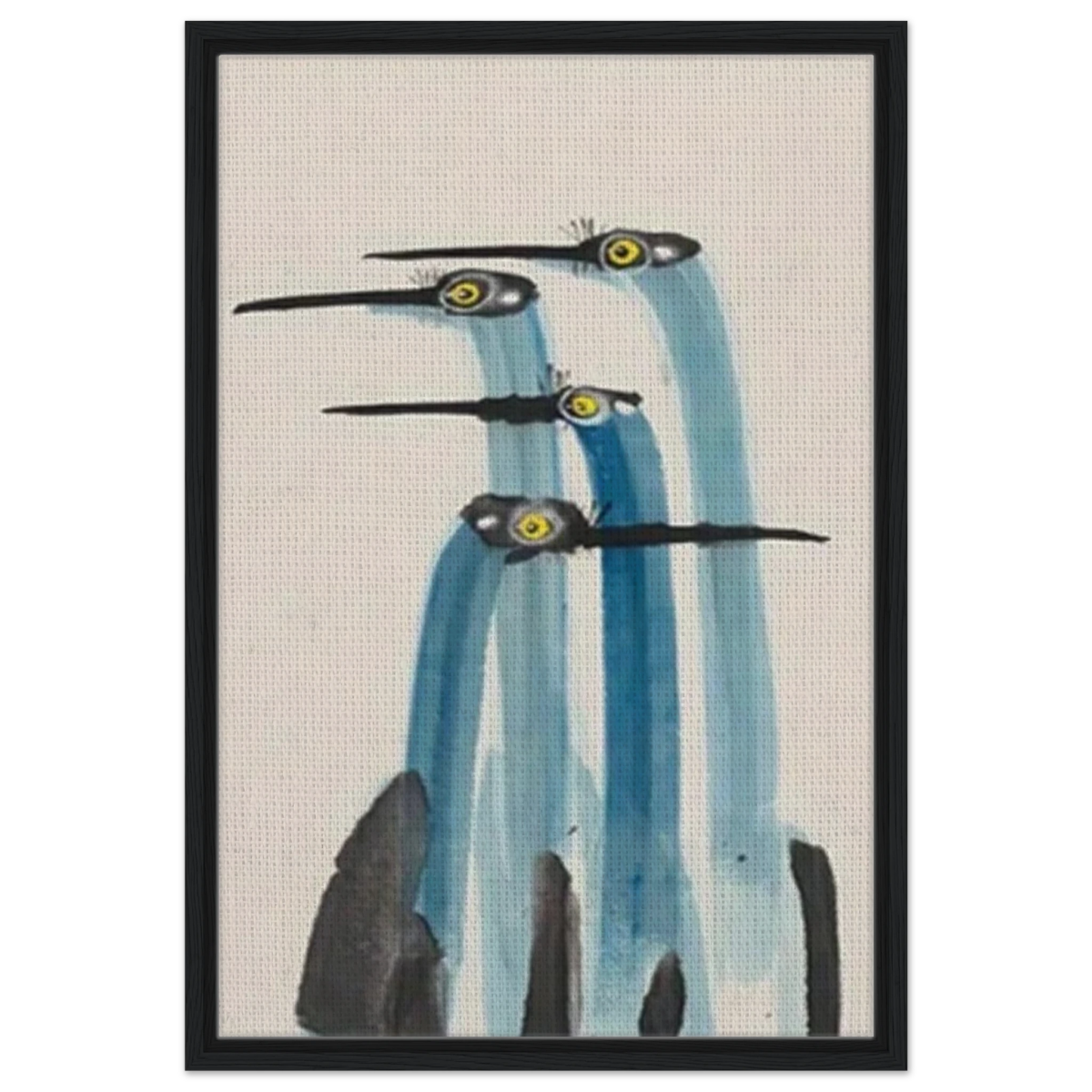 Whimsical Flight – Abstract Watercolor Herons | Wall art Print - Framed Canvas - 50x75 cm / 20x30″ - Black frame