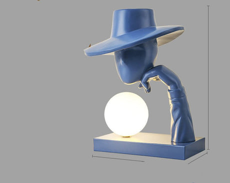 Whimsical Sitting People Resin Lamp – Modern Decorative Sculpture with Glass Lampshade - Blue with warm white light - 