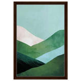 Whispers of the Valley – Minimalist Mountain Layers | wall art print - Framed Canvas - 40x60 cm / 16x24″ - Dark wood frame