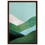 Whispers of the Valley – Minimalist Mountain Layers | wall art print - Framed Canvas - 50x75 cm / 20x30″ - Dark wood frame