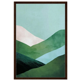 Whispers of the Valley – Minimalist Mountain Layers | wall art print - Framed Canvas - 60x90 cm / 24x36″ - Dark wood frame
