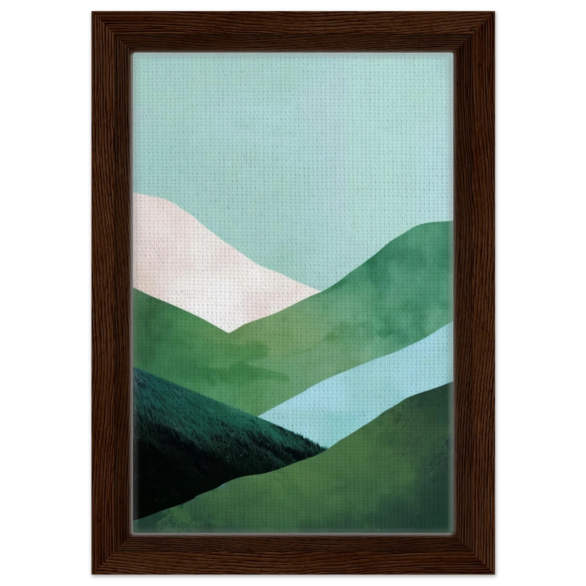 Whispers of the Valley – Minimalist Mountain Layers | wall art print - Framed Canvas - 20x30 cm / 8x12″ - Dark wood frame