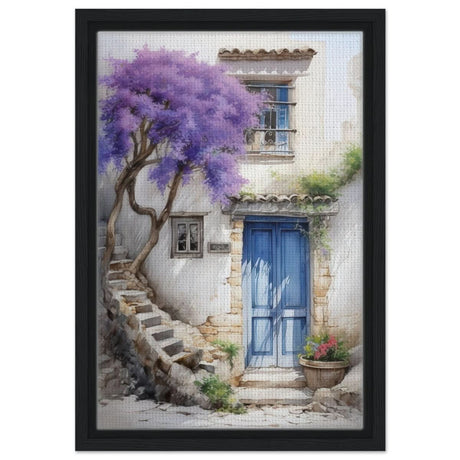 Whispers of Time: Blue Door Cottage with Blooming Jacaranda - Framed Canvas - 30x45 cm / 12x18″ - Black frame