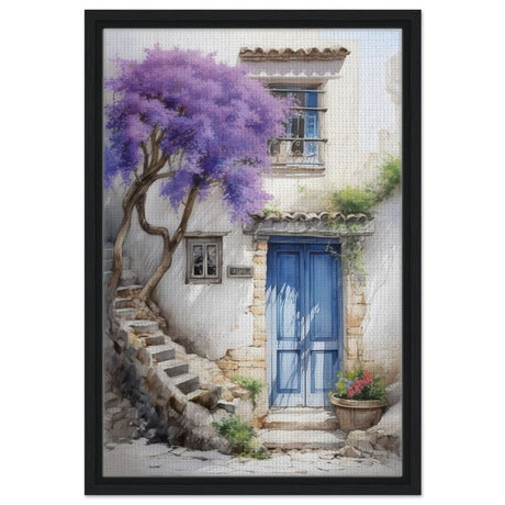 Whispers of Time: Blue Door Cottage with Blooming Jacaranda - Framed Canvas - 40x60 cm / 16x24″ - Black frame