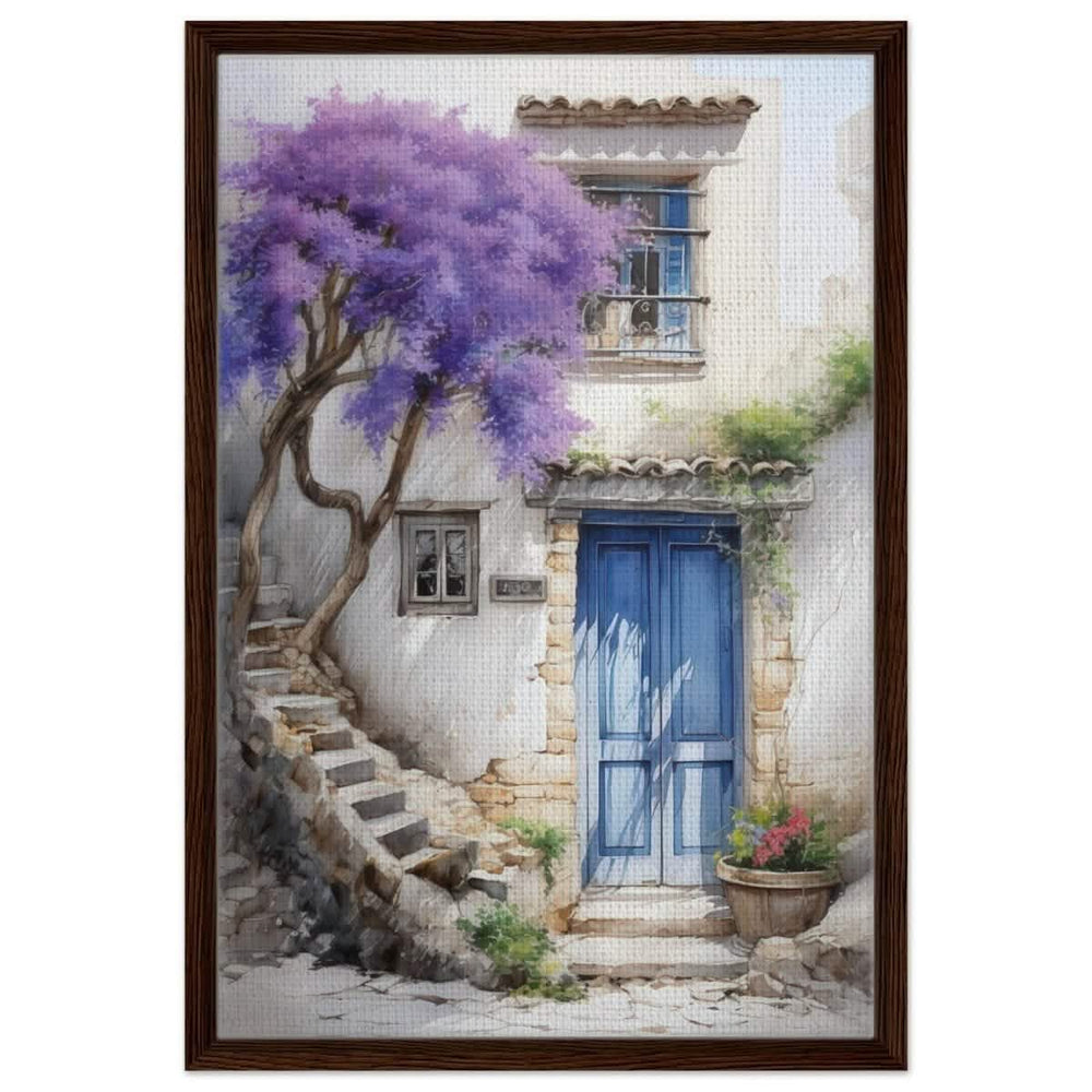 Whispers of Time: Blue Door Cottage with Blooming Jacaranda - Framed Canvas - 50x75 cm / 20x30″ - Dark wood frame
