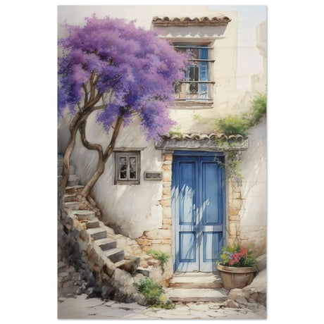 Whispers of Time: Blue Door Cottage with Blooming Jacaranda - Wood Prints - 50x75 cm / 20x30″ - 