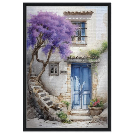 Whispers of Time: Blue Door Cottage with Blooming Jacaranda - Framed Canvas - 60x90 cm / 24x36″ - Black frame