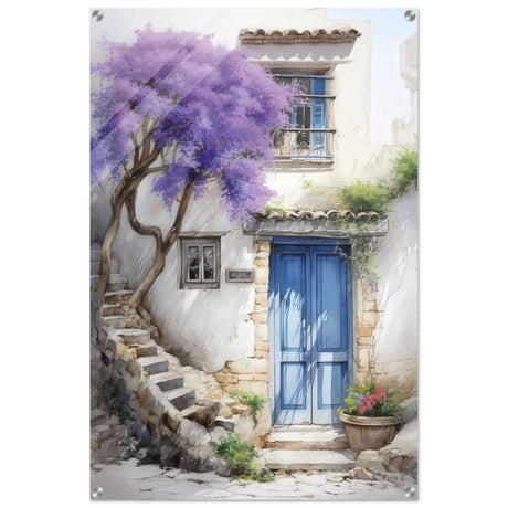 Whispers of Time: Blue Door Cottage with Blooming Jacaranda - Acrylic Print - 60x90 cm / 24x36″ - 