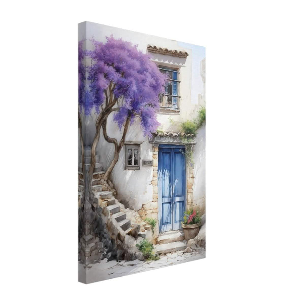 Whispers of Time: Blue Door Cottage with Blooming Jacaranda - Canvas - 30x45 cm / 12x18″ - 