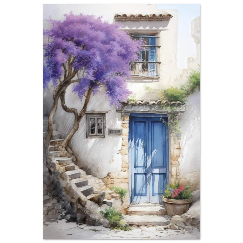 Whispers of Time: Blue Door Cottage with Blooming Jacaranda - Aluminum Print - 40x60 cm / 16x24″ - 