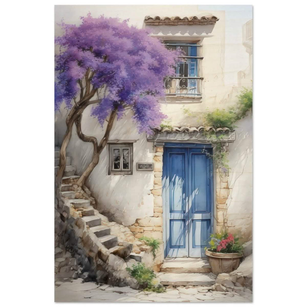 Whispers of Time: Blue Door Cottage with Blooming Jacaranda - Wood Prints - 60x90 cm / 24x36″ - 