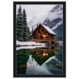 “Whispers of Winter Solitude – Lakeside Cabin in the Pines” | Wall Art Print - Framed Canvas - 40x60 cm / 16x24″ - Black frame