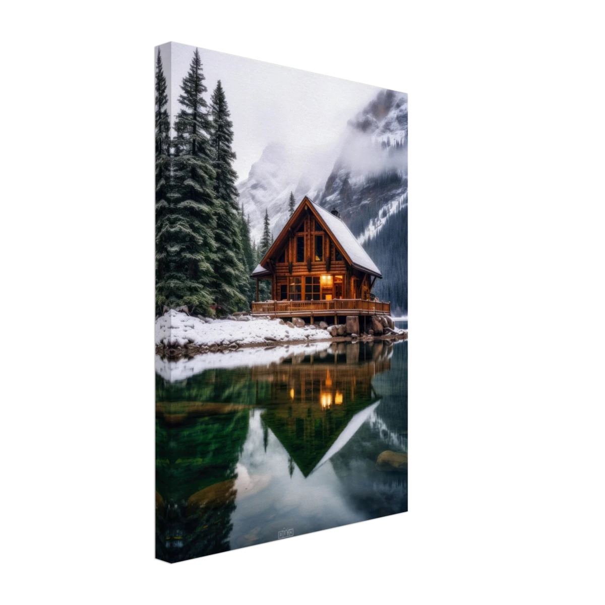 “Whispers of Winter Solitude – Lakeside Cabin in the Pines” | Wall Art Print - Canvas - 30x45 cm / 12x18″ - 