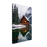 “Whispers of Winter Solitude – Lakeside Cabin in the Pines” | Wall Art Print - Canvas - 30x45 cm / 12x18″ - 