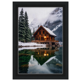 “Whispers of Winter Solitude – Lakeside Cabin in the Pines” | Wall Art Print - Framed Canvas - 20x30 cm / 8x12″ - Black frame