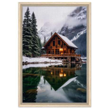 “Whispers of Winter Solitude – Lakeside Cabin in the Pines” | Wall Art Print - Framed Canvas - 40x60 cm / 16x24″ - Wood frame