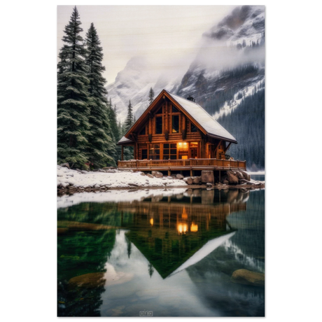 “Whispers of Winter Solitude – Lakeside Cabin in the Pines” | Wall Art Print - Wood Prints - 60x90 cm / 24x36″ - 
