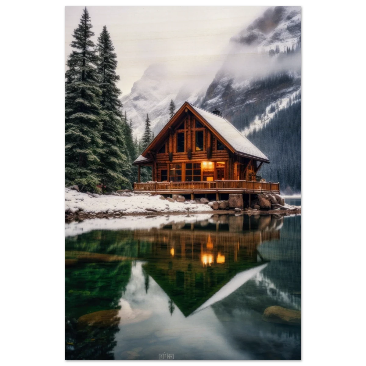 “Whispers of Winter Solitude – Lakeside Cabin in the Pines” | Wall Art Print - Wood Prints - 40x60 cm / 16x24″ - 
