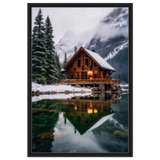 “Whispers of Winter Solitude – Lakeside Cabin in the Pines” | Wall Art Print - Framed Canvas - 60x90 cm / 24x36″ - Black frame