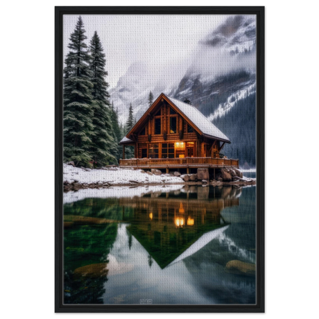 “Whispers of Winter Solitude – Lakeside Cabin in the Pines” | Wall Art Print - Framed Canvas - 60x90 cm / 24x36″ - Black frame