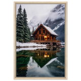 “Whispers of Winter Solitude – Lakeside Cabin in the Pines” | Wall Art Print - Framed Canvas - 50x75 cm / 20x30″ - Wood frame