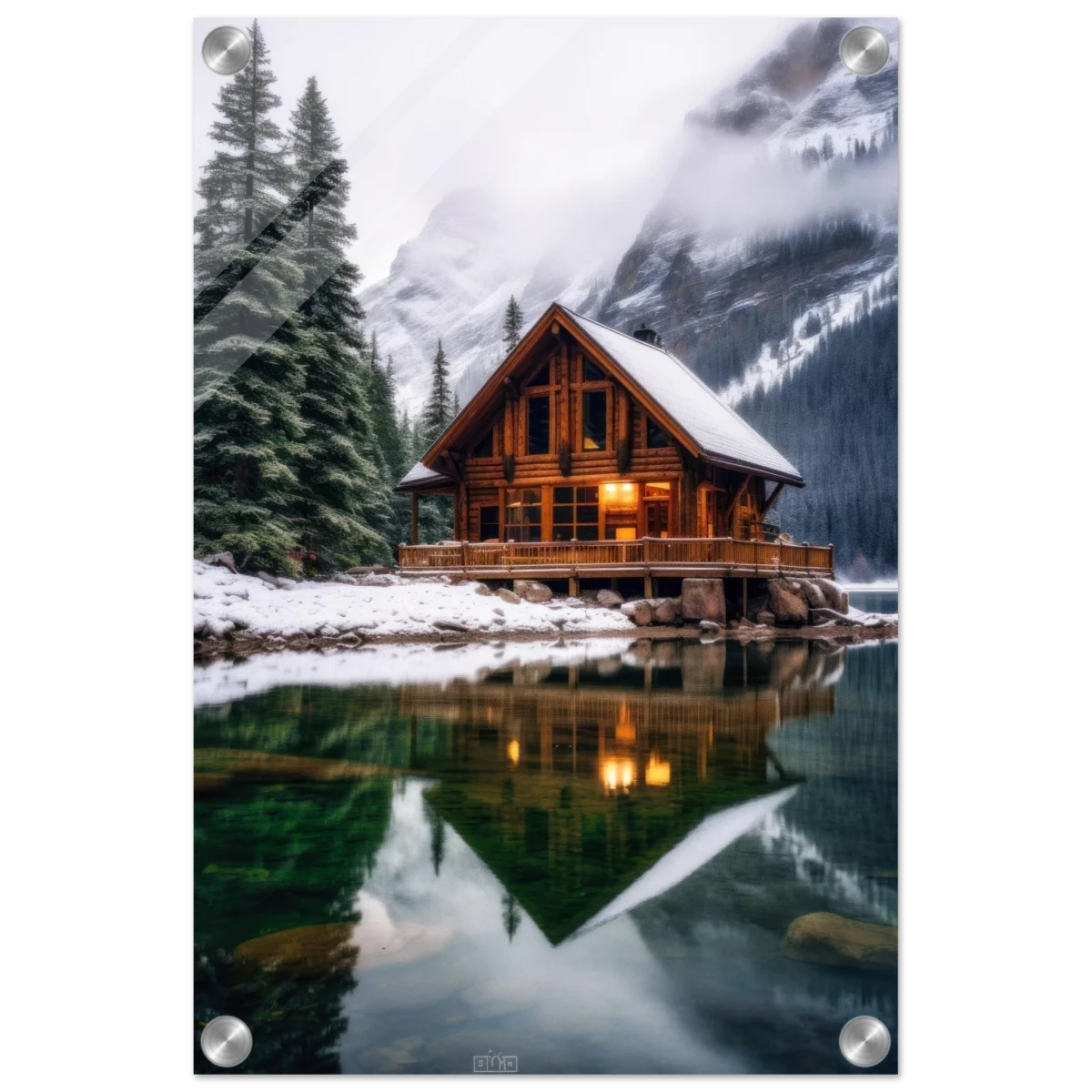 “Whispers of Winter Solitude – Lakeside Cabin in the Pines” | Wall Art Print - Acrylic Print - 30x45 cm / 12x18″ - 