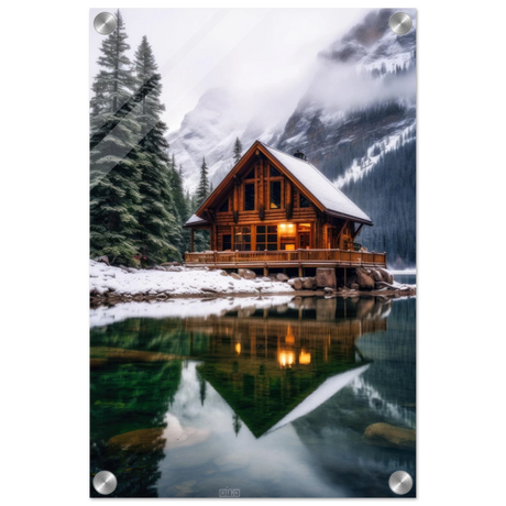 “Whispers of Winter Solitude – Lakeside Cabin in the Pines” | Wall Art Print - Acrylic Print - 30x45 cm / 12x18″ - 