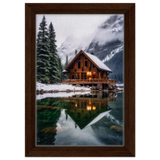 “Whispers of Winter Solitude – Lakeside Cabin in the Pines” | Wall Art Print - Framed Canvas - 20x30 cm / 8x12″ - Dark wood frame