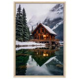 “Whispers of Winter Solitude – Lakeside Cabin in the Pines” | Wall Art Print - Framed Canvas - 60x90 cm / 24x36″ - Wood frame