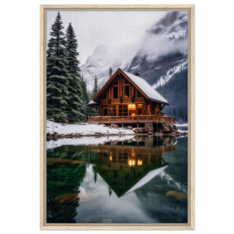 “Whispers of Winter Solitude – Lakeside Cabin in the Pines” | Wall Art Print - Framed Canvas - 60x90 cm / 24x36″ - Wood frame