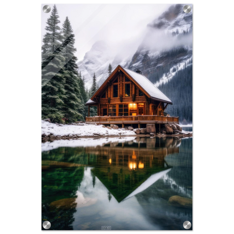 “Whispers of Winter Solitude – Lakeside Cabin in the Pines” | Wall Art Print - Acrylic Print - 40x60 cm / 16x24″ - 