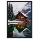 “Whispers of Winter Solitude – Lakeside Cabin in the Pines” | Wall Art Print - Framed Canvas - 60x90 cm / 24x36″ - Dark wood frame