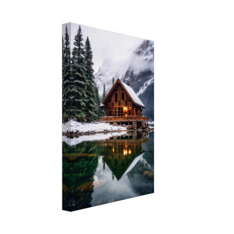 “Whispers of Winter Solitude – Lakeside Cabin in the Pines” | Wall Art Print - Canvas - 20x30 cm / 8x12″ - 
