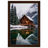 “Whispers of Winter Solitude – Lakeside Cabin in the Pines” | Wall Art Print - Framed Canvas - 30x45 cm / 12x18″ - Dark wood frame